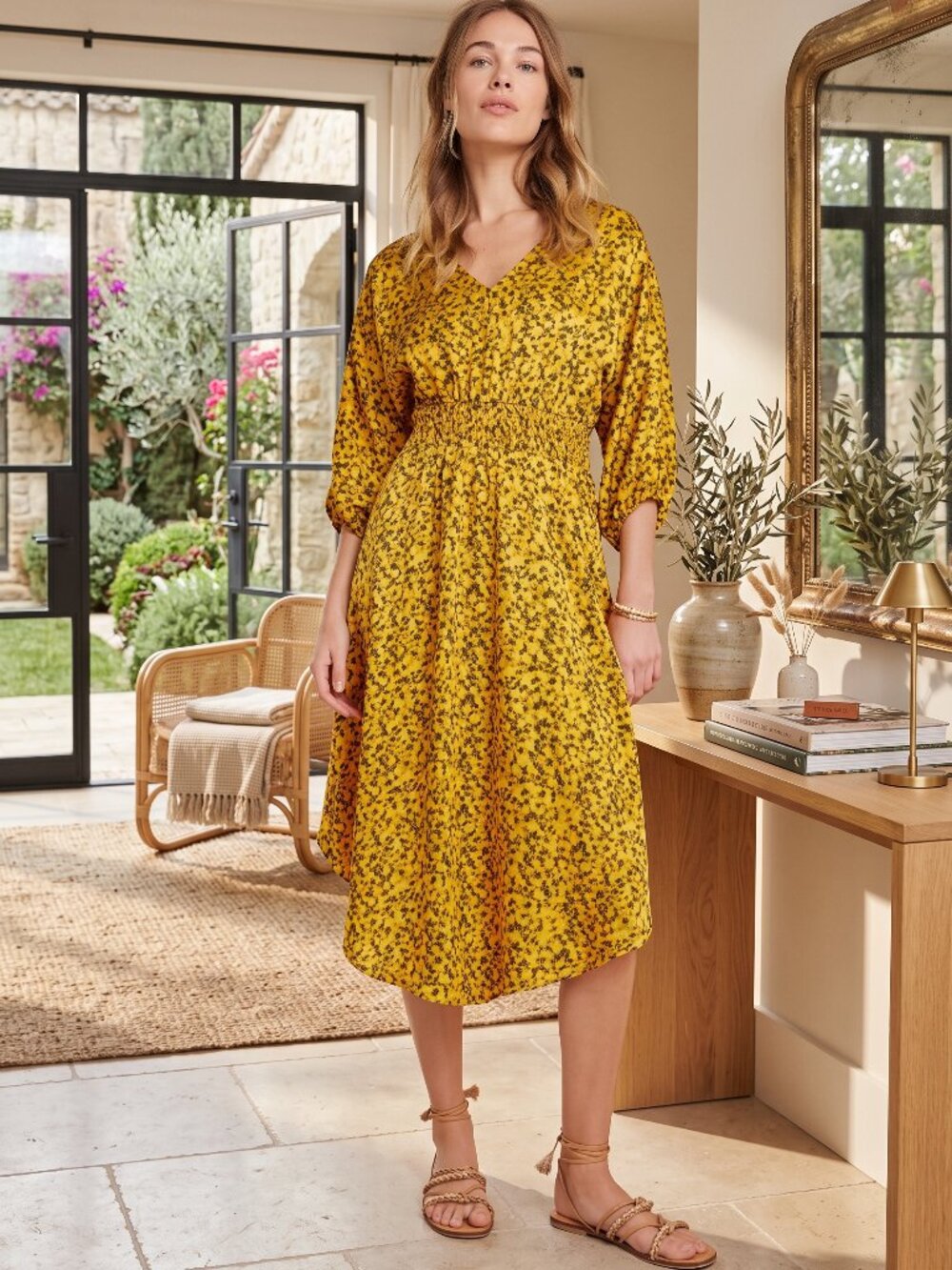 Anthropologie Marigold Floral Smocked Boho Midi Dress Balloon Sleeve Yellow XS